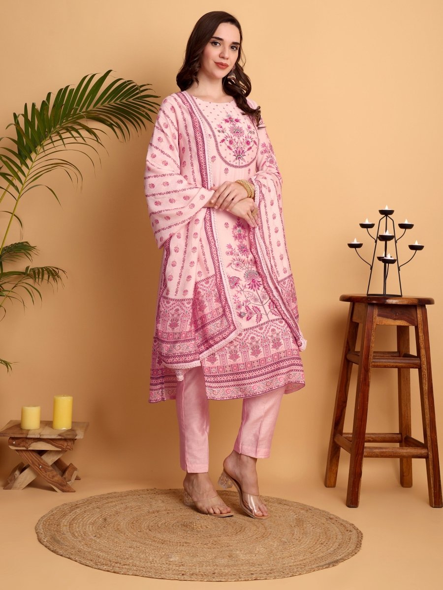 Blush Pink Embroidered Kurta Set | Viscose Maslin & Chanderi Suit for Women - CLOHI