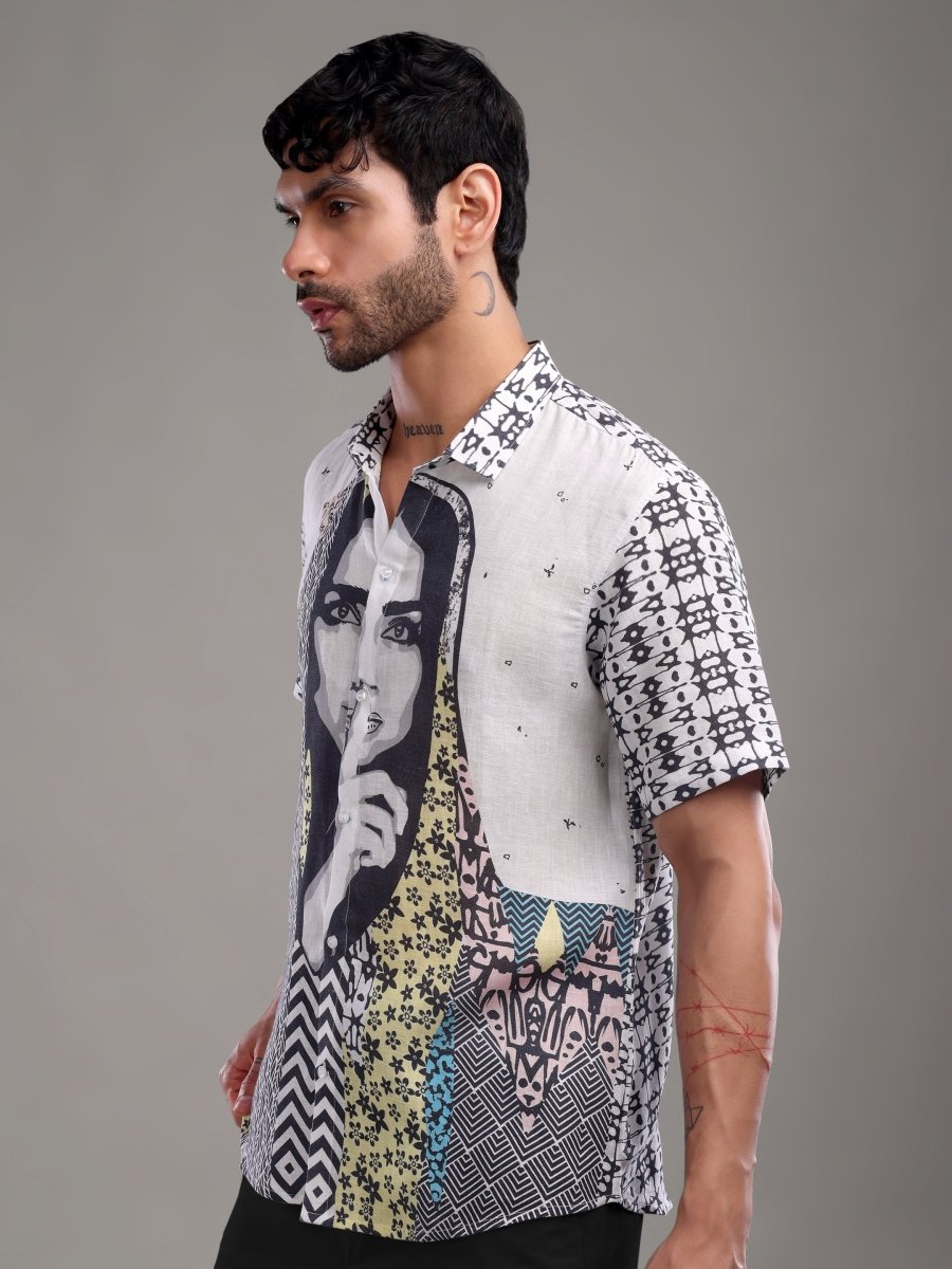 Bold Artistic Portrait Printed Pure Linen Shirt - CLOHI