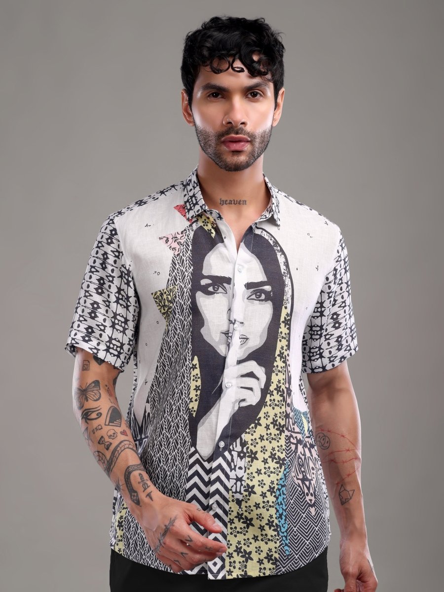 Bold Artistic Portrait Printed Pure Linen Shirt - CLOHI