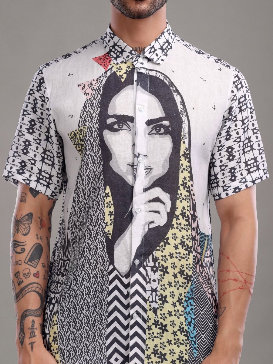 Bold Artistic Portrait Printed Pure Linen Shirt - CLOHI