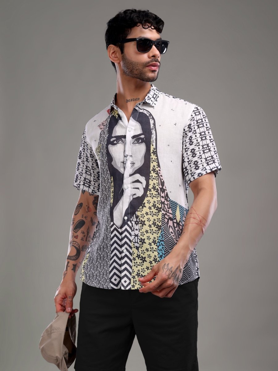 Bold Artistic Portrait Printed Pure Linen Shirt - CLOHI