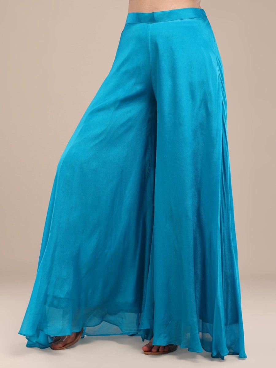 Bright Blue Embroidered Indo - Western Palazzo Set in Viscose Chinon - CLOHI