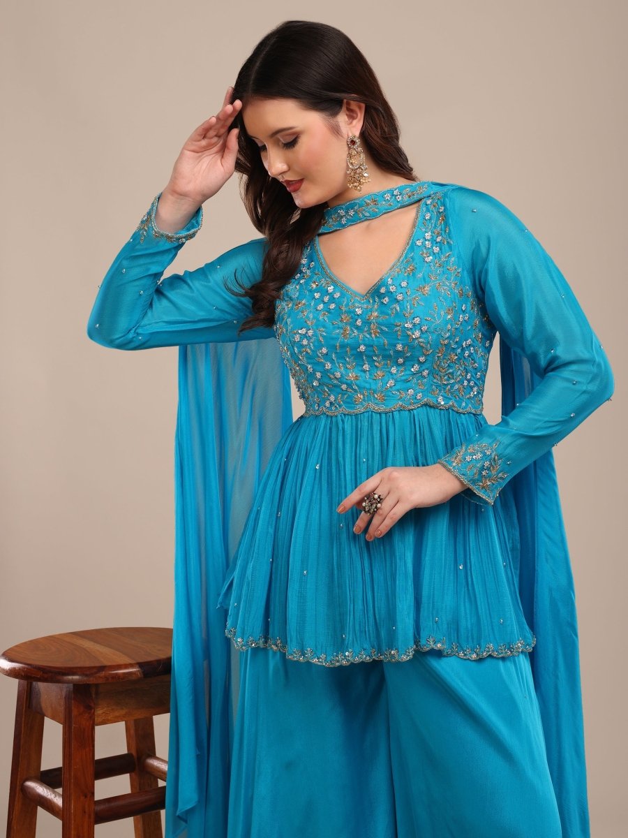 Bright Blue Embroidered Indo - Western Palazzo Set in Viscose Chinon - CLOHI
