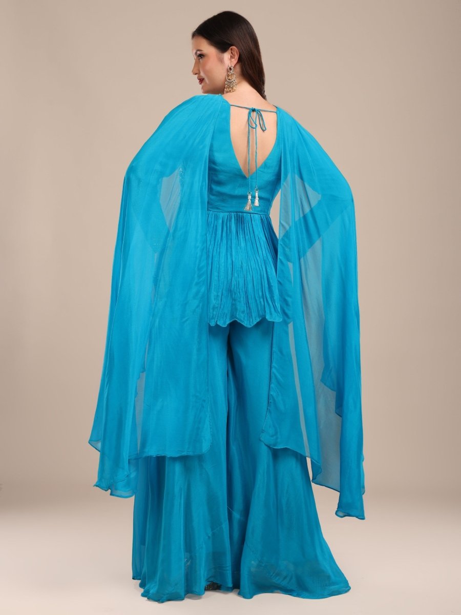 Bright Blue Embroidered Indo - Western Palazzo Set in Viscose Chinon - CLOHI