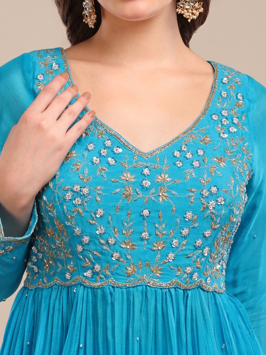 Bright Blue Embroidered Indo - Western Palazzo Set in Viscose Chinon - CLOHI
