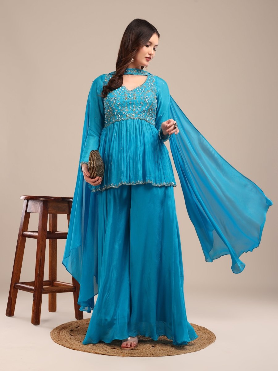 Bright Blue Embroidered Indo - Western Palazzo Set in Viscose Chinon - CLOHI