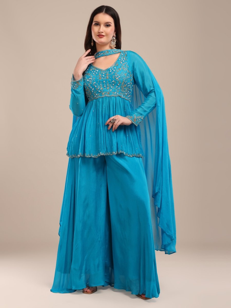 Bright Blue Embroidered Indo - Western Palazzo Set in Viscose Chinon - CLOHI