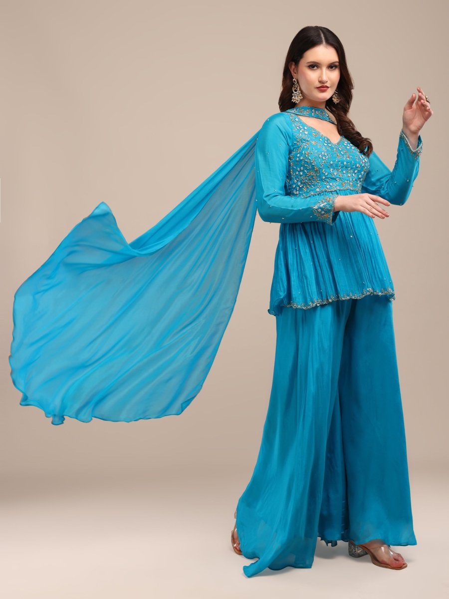 Bright Blue Embroidered Indo - Western Palazzo Set in Viscose Chinon - CLOHI