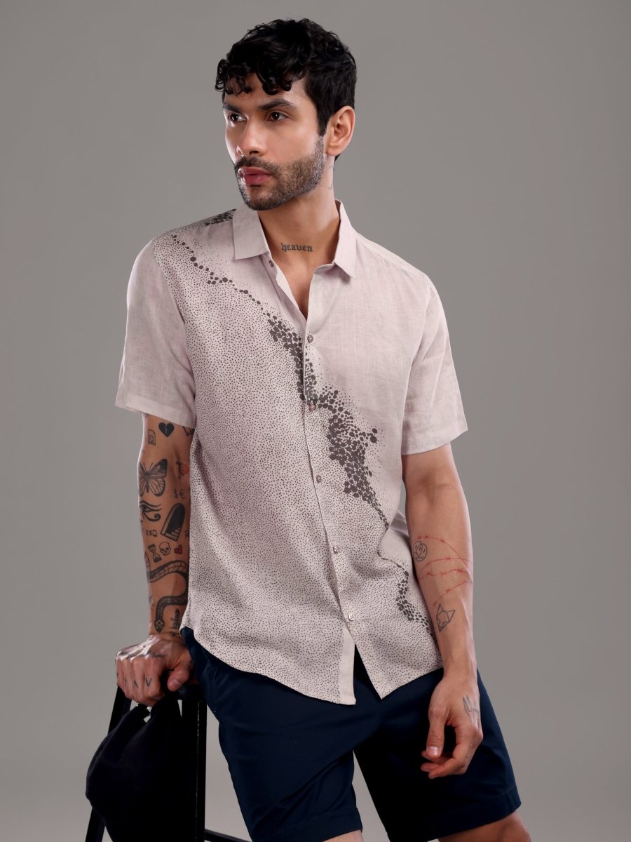 Brown Abstract Printed Pure Linen Shirt for Men – Spread Collar - CLOHI
