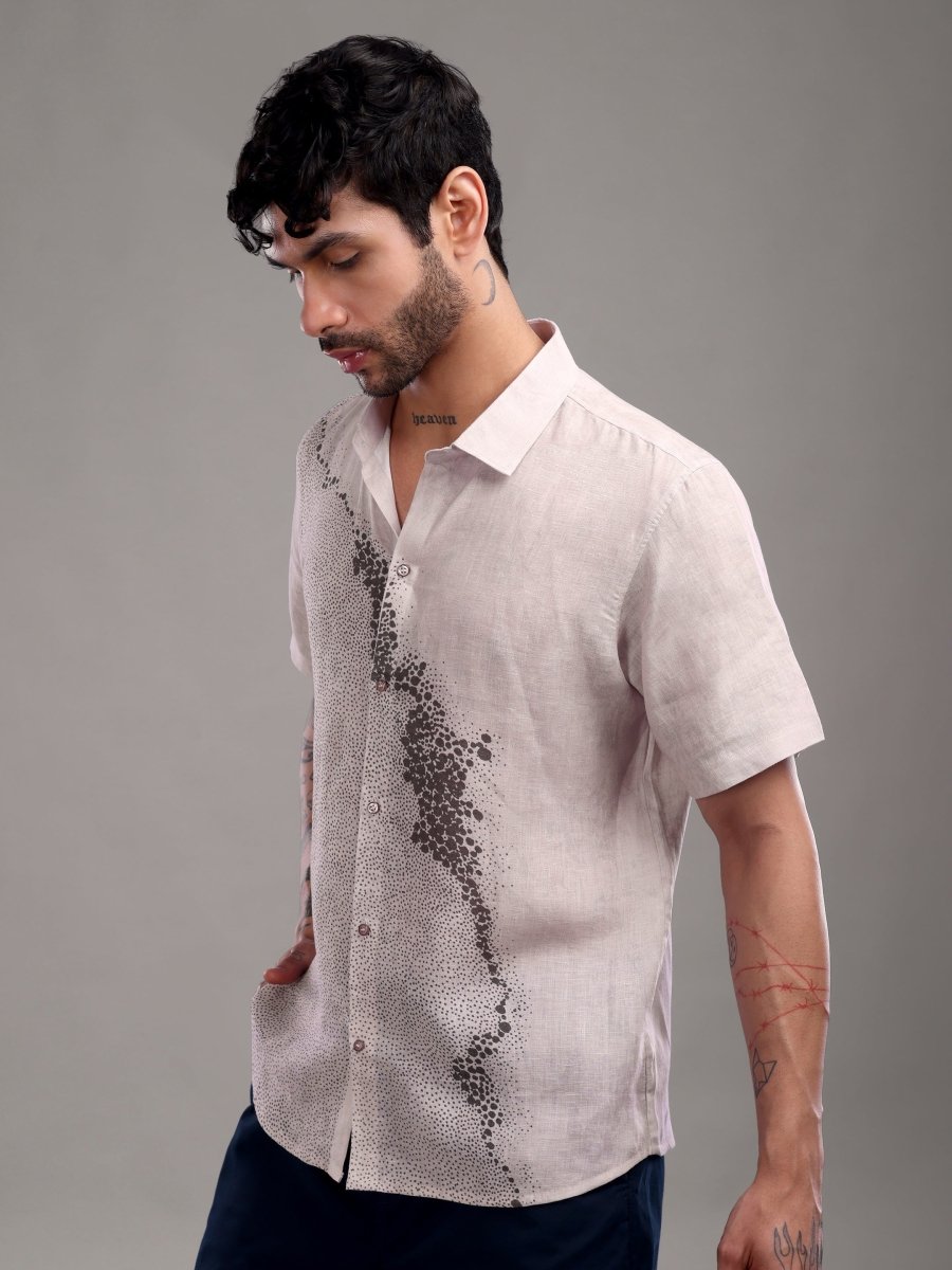 Brown Abstract Printed Pure Linen Shirt for Men – Spread Collar - CLOHI