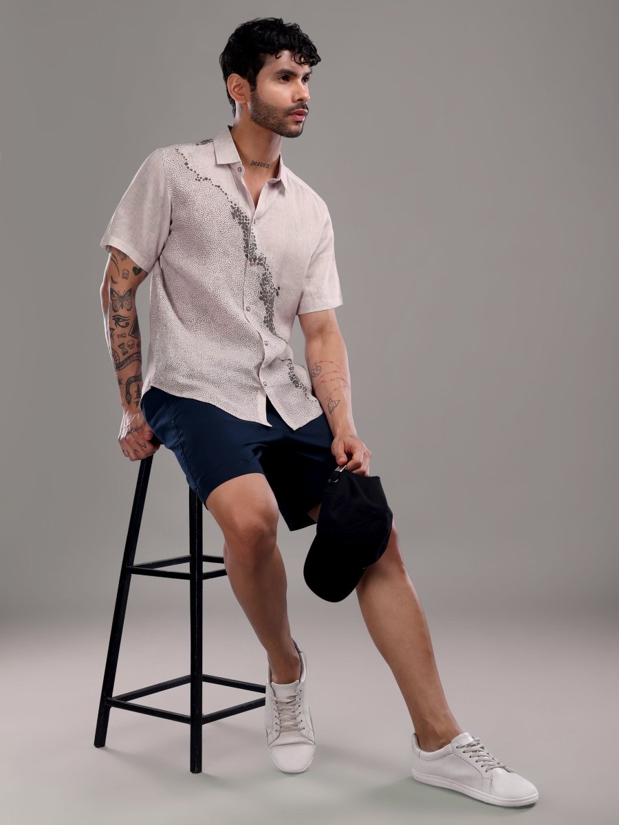 Brown Abstract Printed Pure Linen Shirt for Men – Spread Collar - CLOHI
