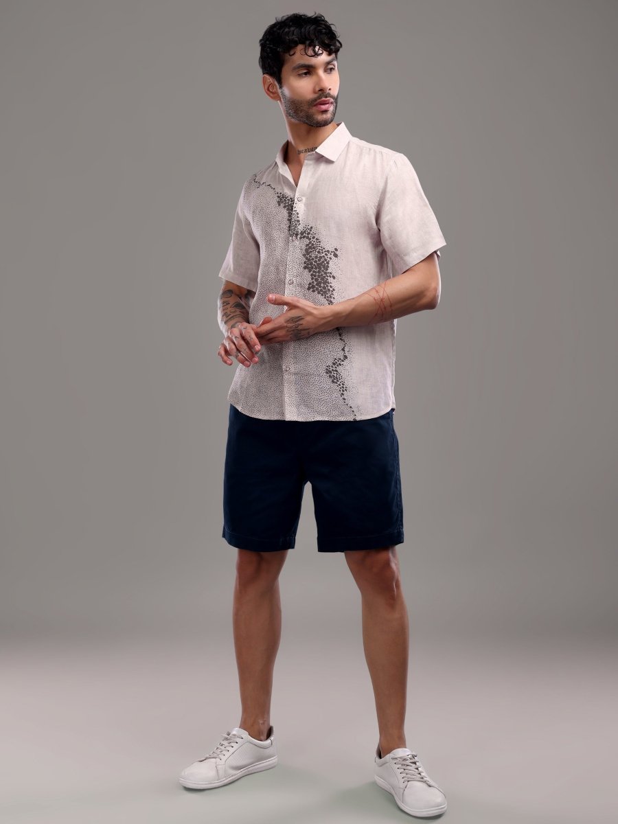 Brown Abstract Printed Pure Linen Shirt for Men – Spread Collar - CLOHI