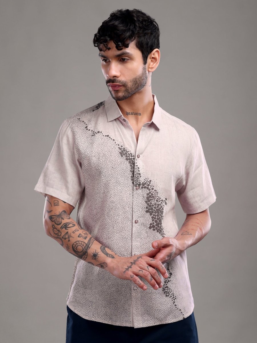 Brown Abstract Printed Pure Linen Shirt for Men – Spread Collar - CLOHI