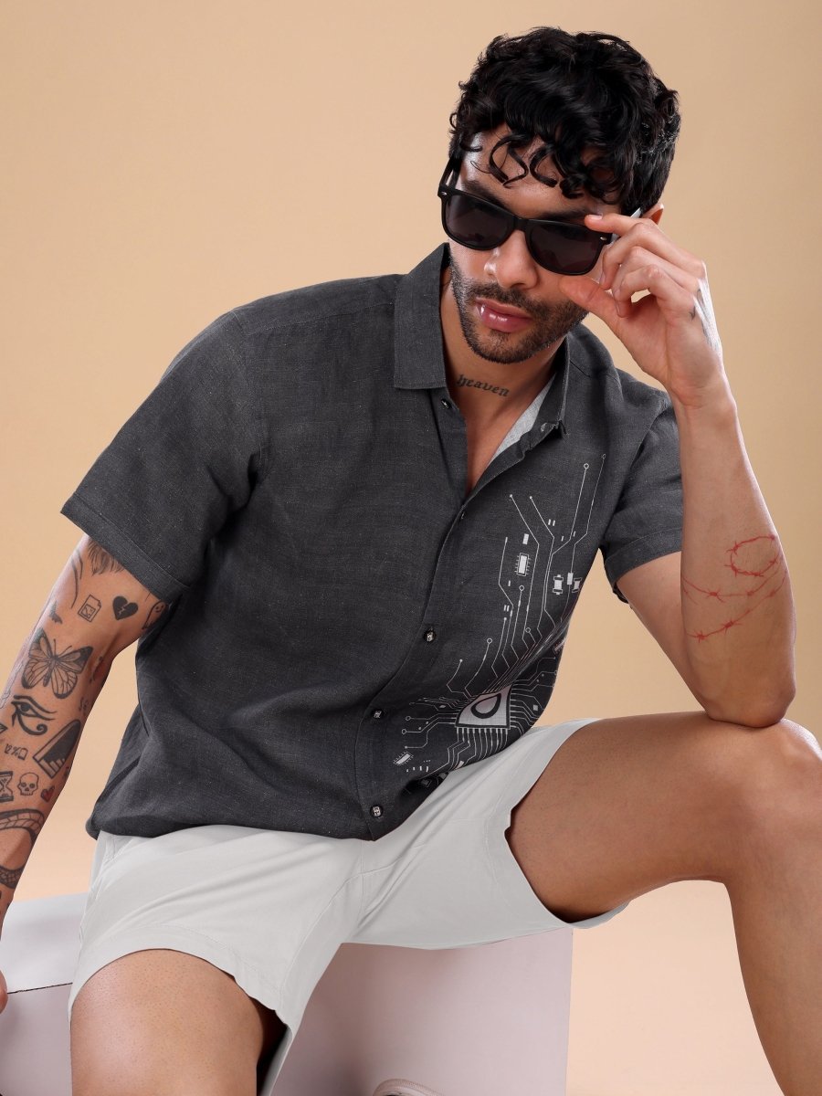 Brownish Black Pure Linen Shirt with Circuit Embroidery - CLOHI