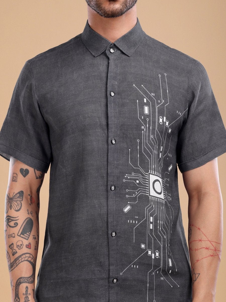 Brownish Black Pure Linen Shirt with Circuit Embroidery - CLOHI