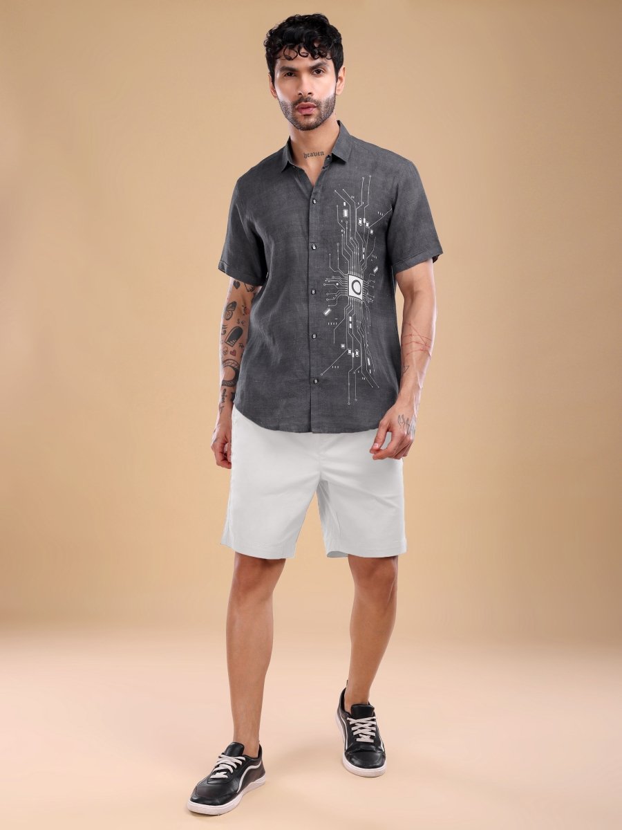 Brownish Black Pure Linen Shirt with Circuit Embroidery - CLOHI
