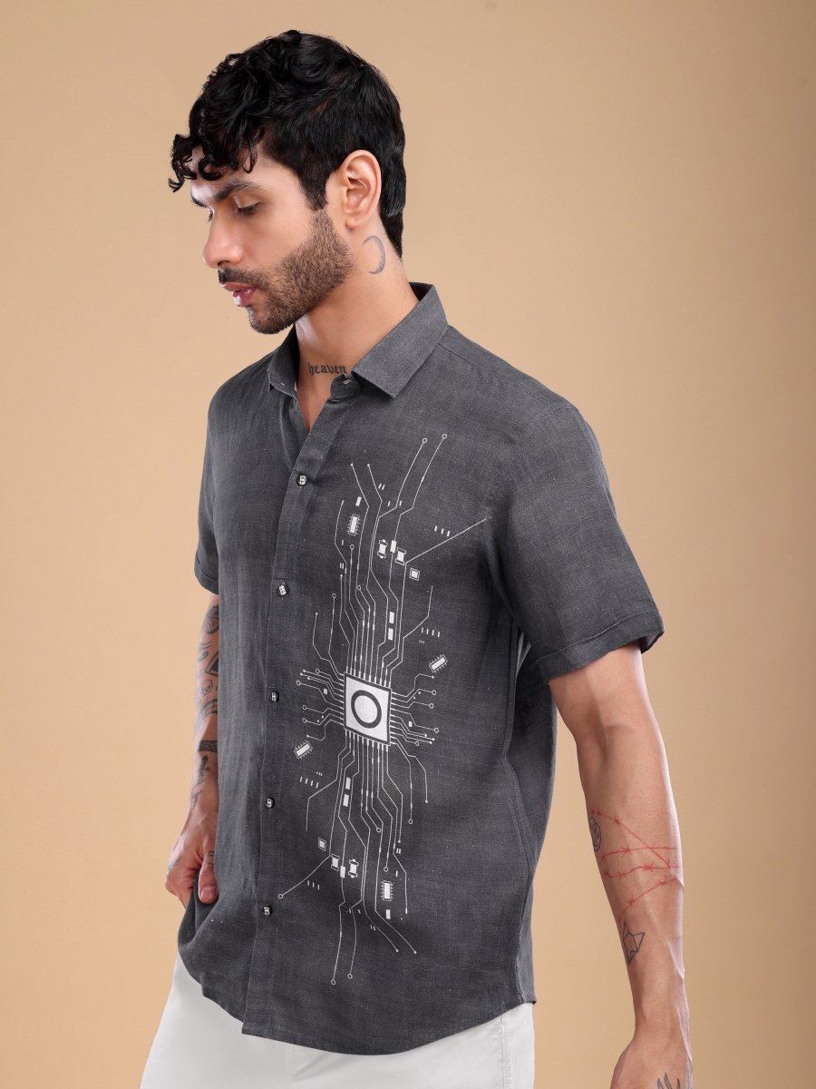 Brownish Black Pure Linen Shirt with Circuit Embroidery - CLOHI