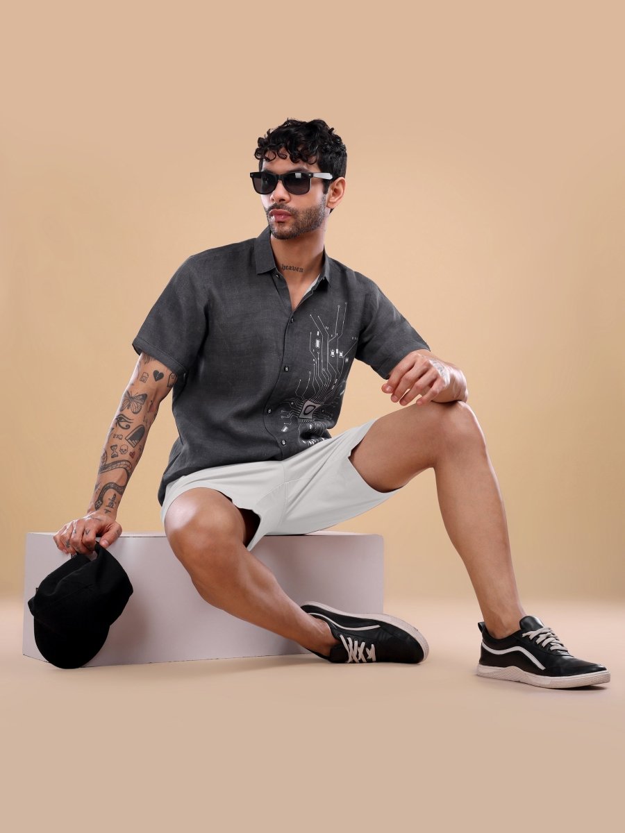 Brownish Black Pure Linen Shirt with Circuit Embroidery - CLOHI