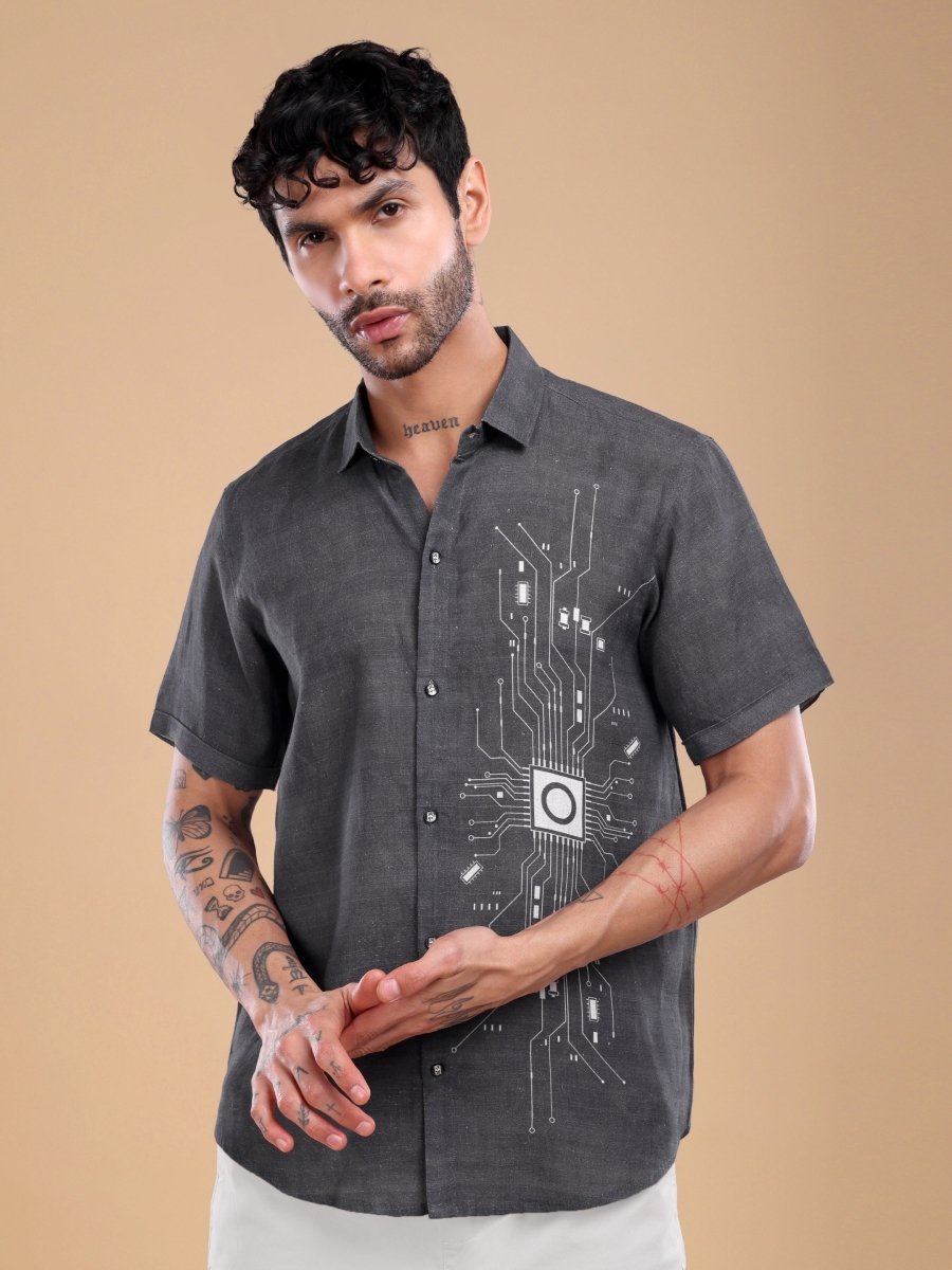Brownish Black Pure Linen Shirt with Circuit Embroidery - CLOHI