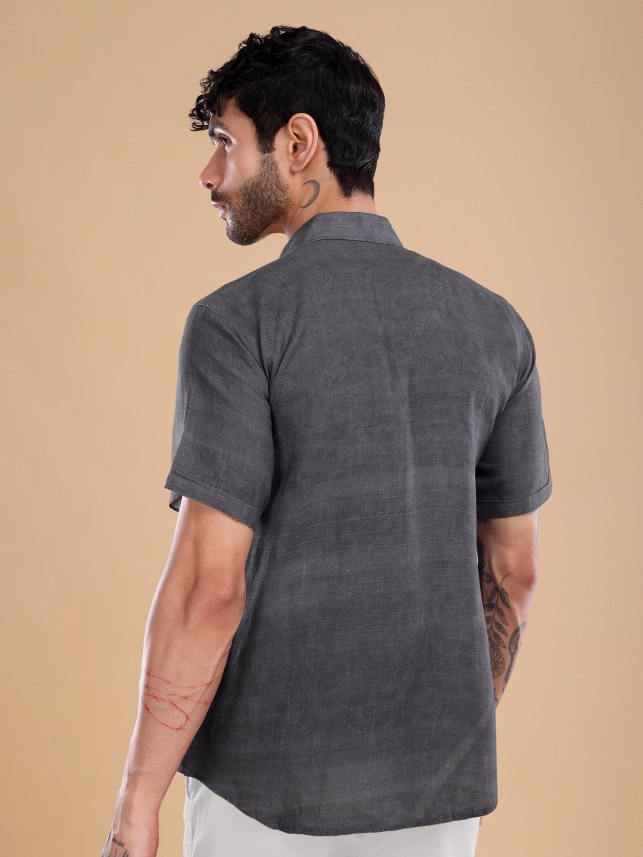 Brownish Black Pure Linen Shirt with Circuit Embroidery - CLOHI