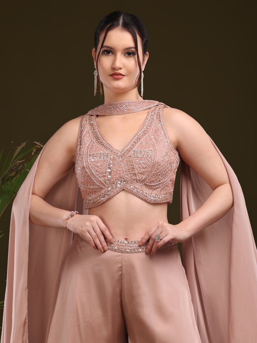 Champagne Embellished Palazzo Set with Cape Dupatta – Indo - Western Style - CLOHI