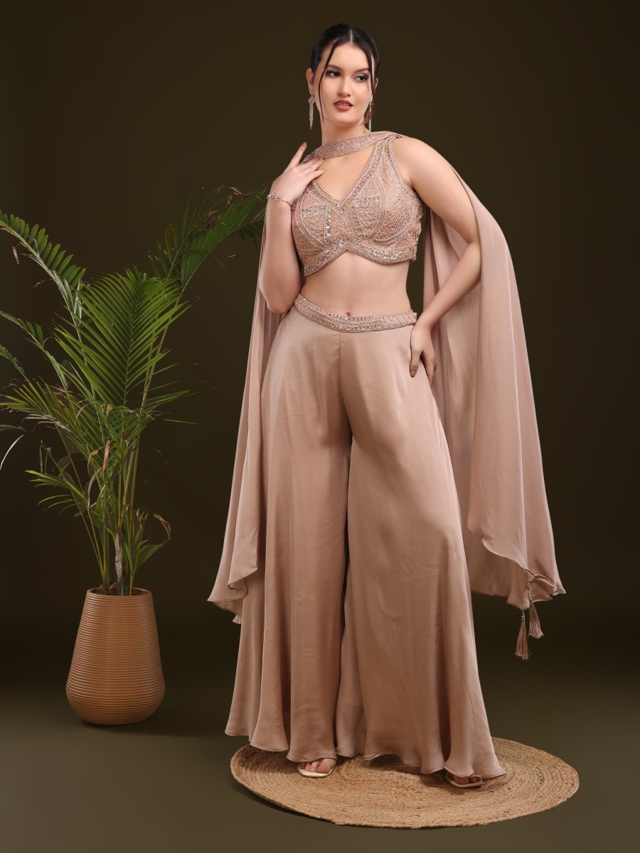 Champagne Embellished Palazzo Set with Cape Dupatta – Indo - Western Style - CLOHI