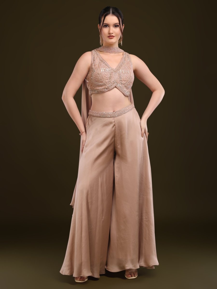 Champagne Embellished Palazzo Set with Cape Dupatta – Indo - Western Style - CLOHI