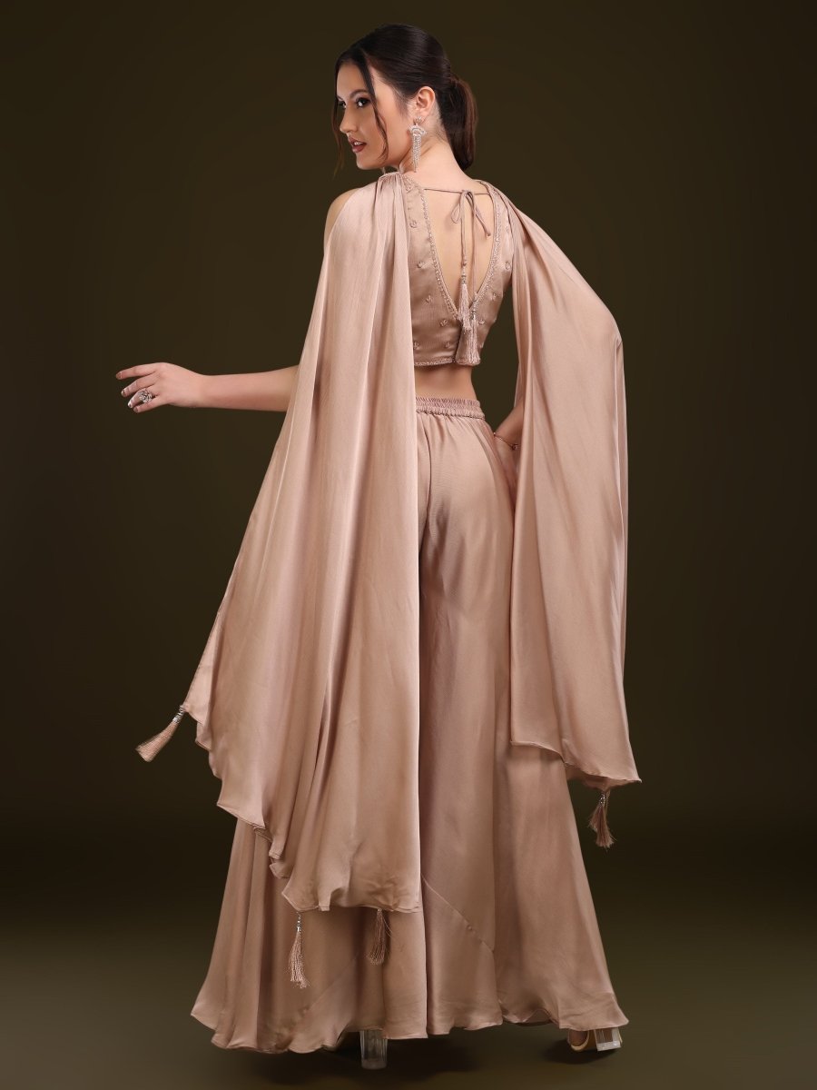 Champagne Embellished Palazzo Set with Cape Dupatta – Indo - Western Style - CLOHI
