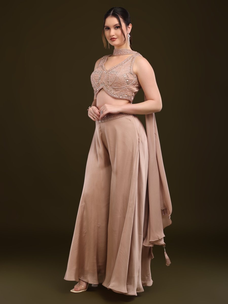 Champagne Embellished Palazzo Set with Cape Dupatta – Indo - Western Style - CLOHI