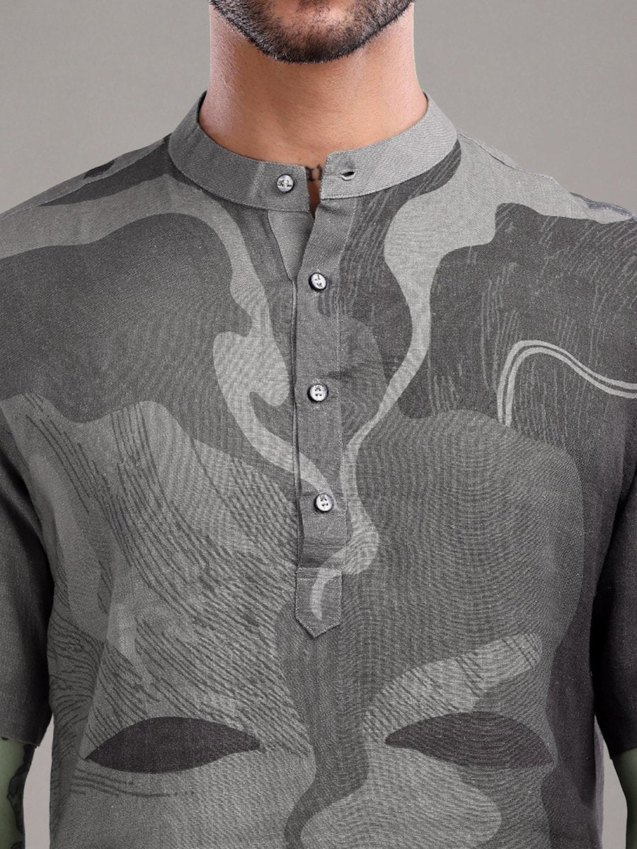 Charcoal Slate Pure Linen Abstract Art Shirt - CLOHI
