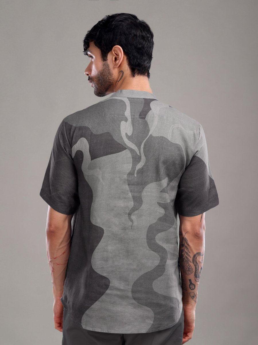 Charcoal Slate Pure Linen Abstract Art Shirt - CLOHI