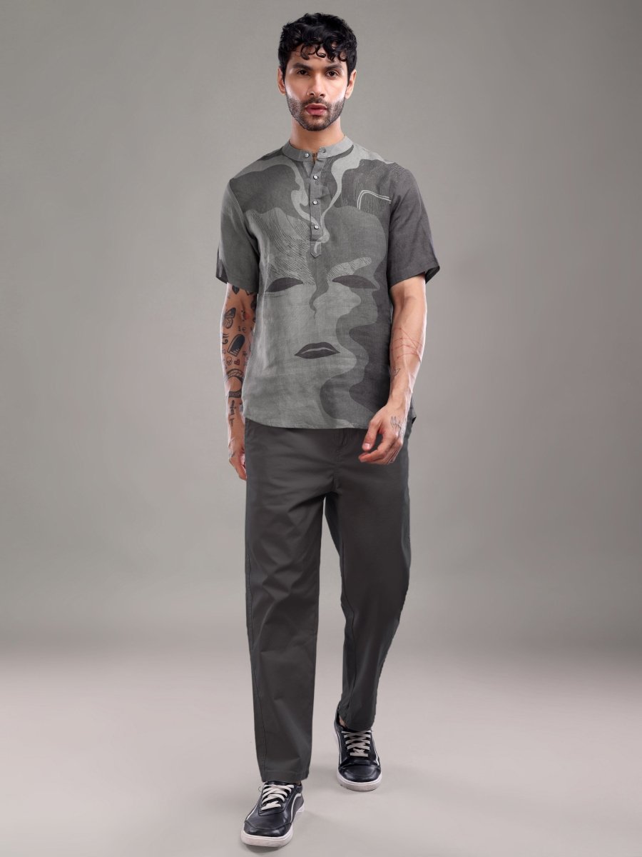 Charcoal Slate Pure Linen Abstract Art Shirt - CLOHI