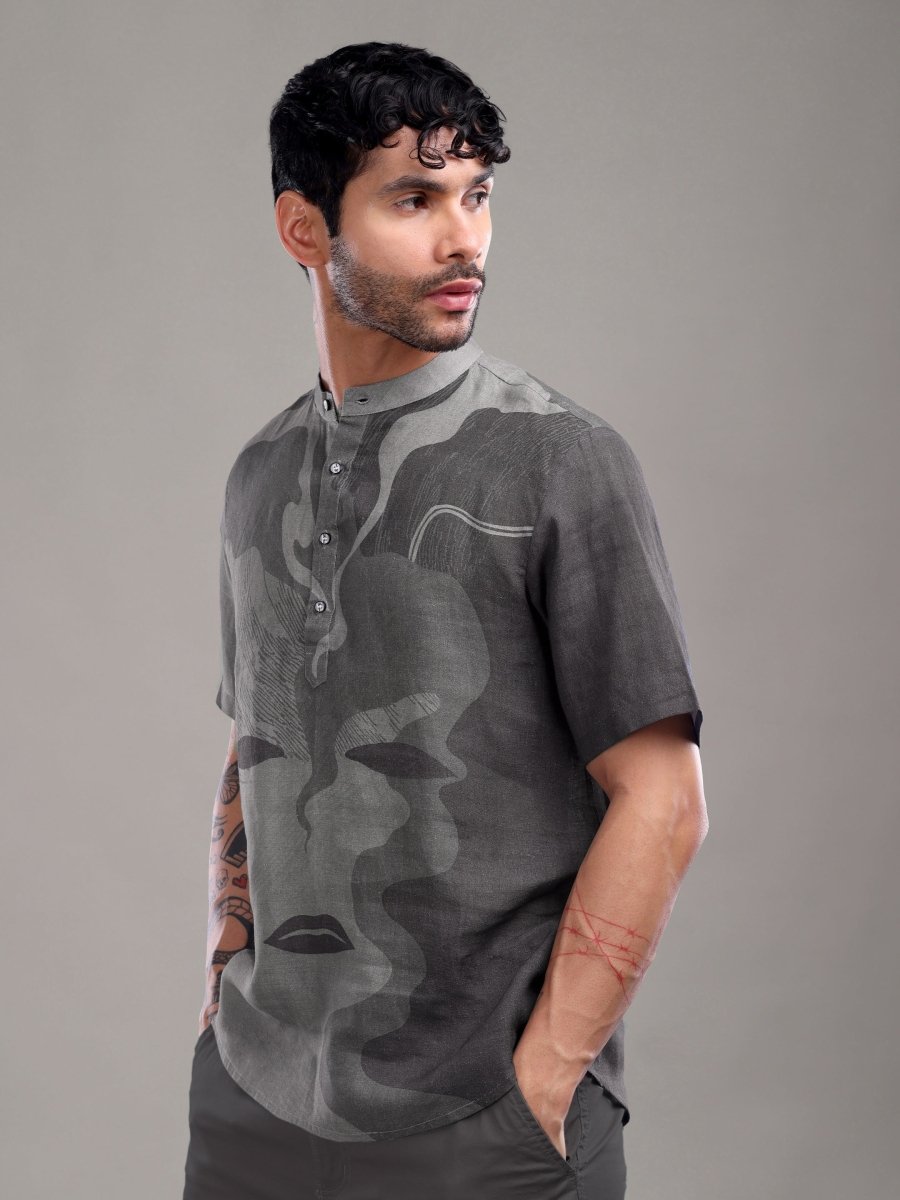 Charcoal Slate Pure Linen Abstract Art Shirt - CLOHI
