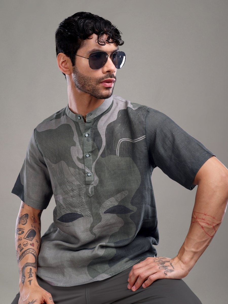 Charcoal Slate Pure Linen Abstract Art Shirt - CLOHI
