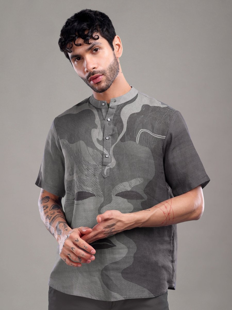 Charcoal Slate Pure Linen Abstract Art Shirt - CLOHI