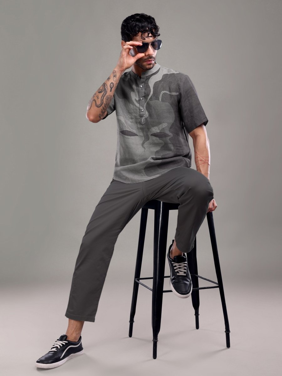 Charcoal Slate Pure Linen Abstract Art Shirt - CLOHI