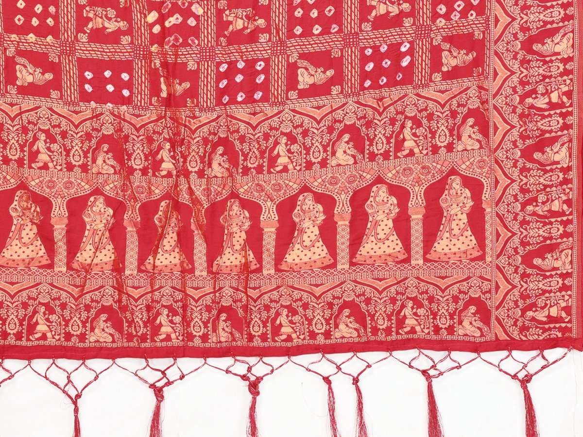 Classic Red Bandhani Saree with Golden Rajasthani Zari Motifs - CLOHI