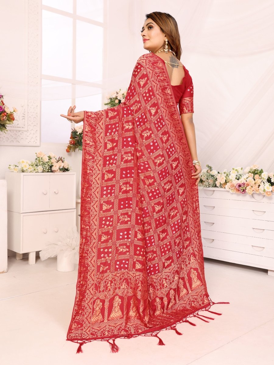 Classic Red Bandhani Saree with Golden Rajasthani Zari Motifs - CLOHI