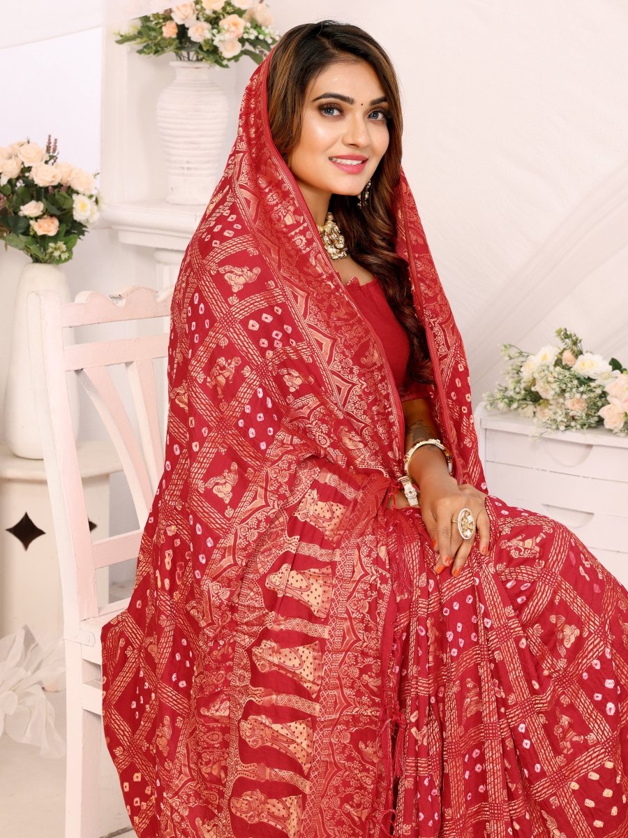 Classic Red Bandhani Saree with Golden Rajasthani Zari Motifs - CLOHI