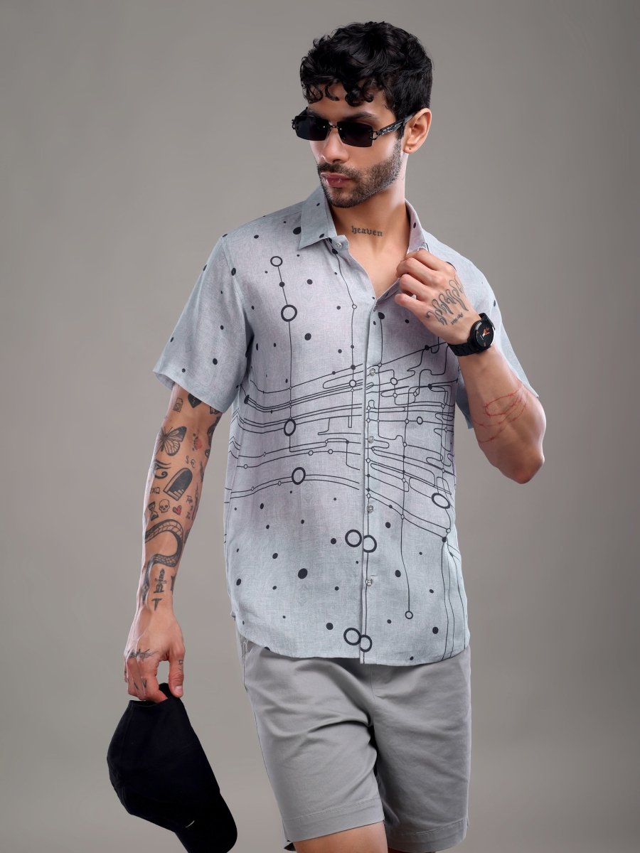 Cool Grey Abstract Dot & Circuit Print Pure Linen Shirt - CLOHI
