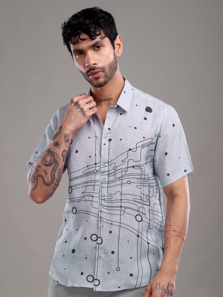 Cool Grey Abstract Dot & Circuit Print Pure Linen Shirt - CLOHI