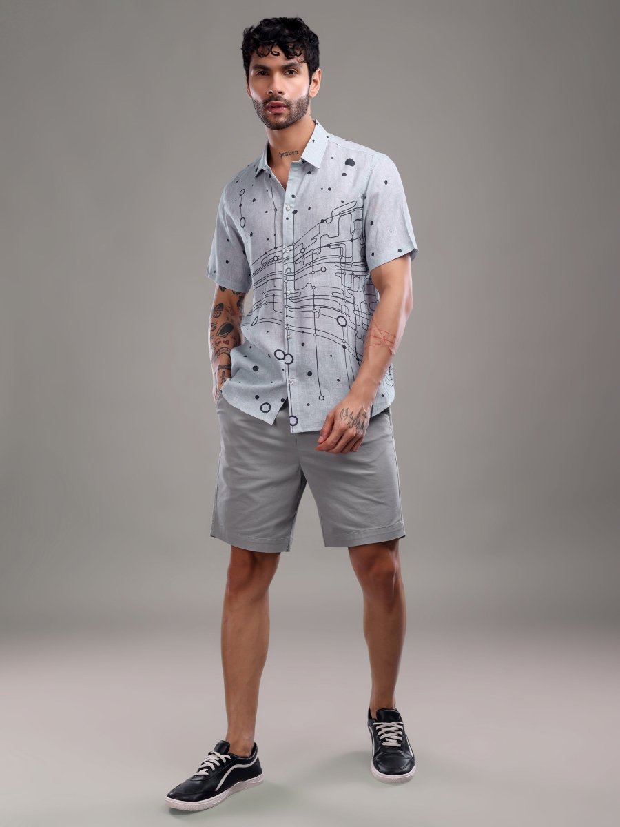 Cool Grey Abstract Dot & Circuit Print Pure Linen Shirt - CLOHI