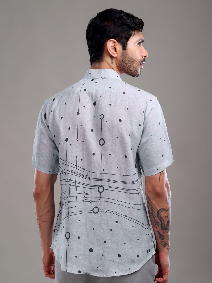 Cool Grey Abstract Dot & Circuit Print Pure Linen Shirt - CLOHI