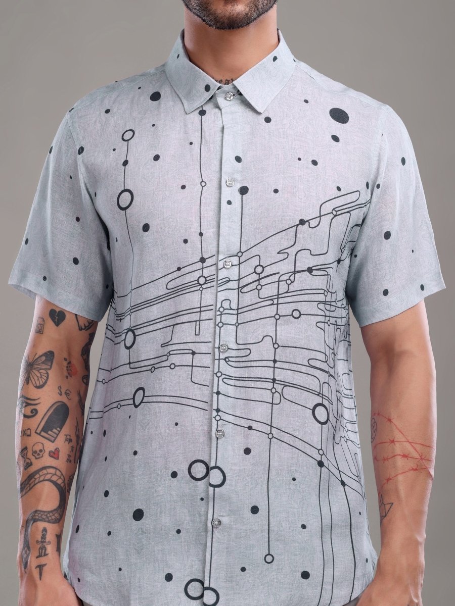 Cool Grey Abstract Dot & Circuit Print Pure Linen Shirt - CLOHI