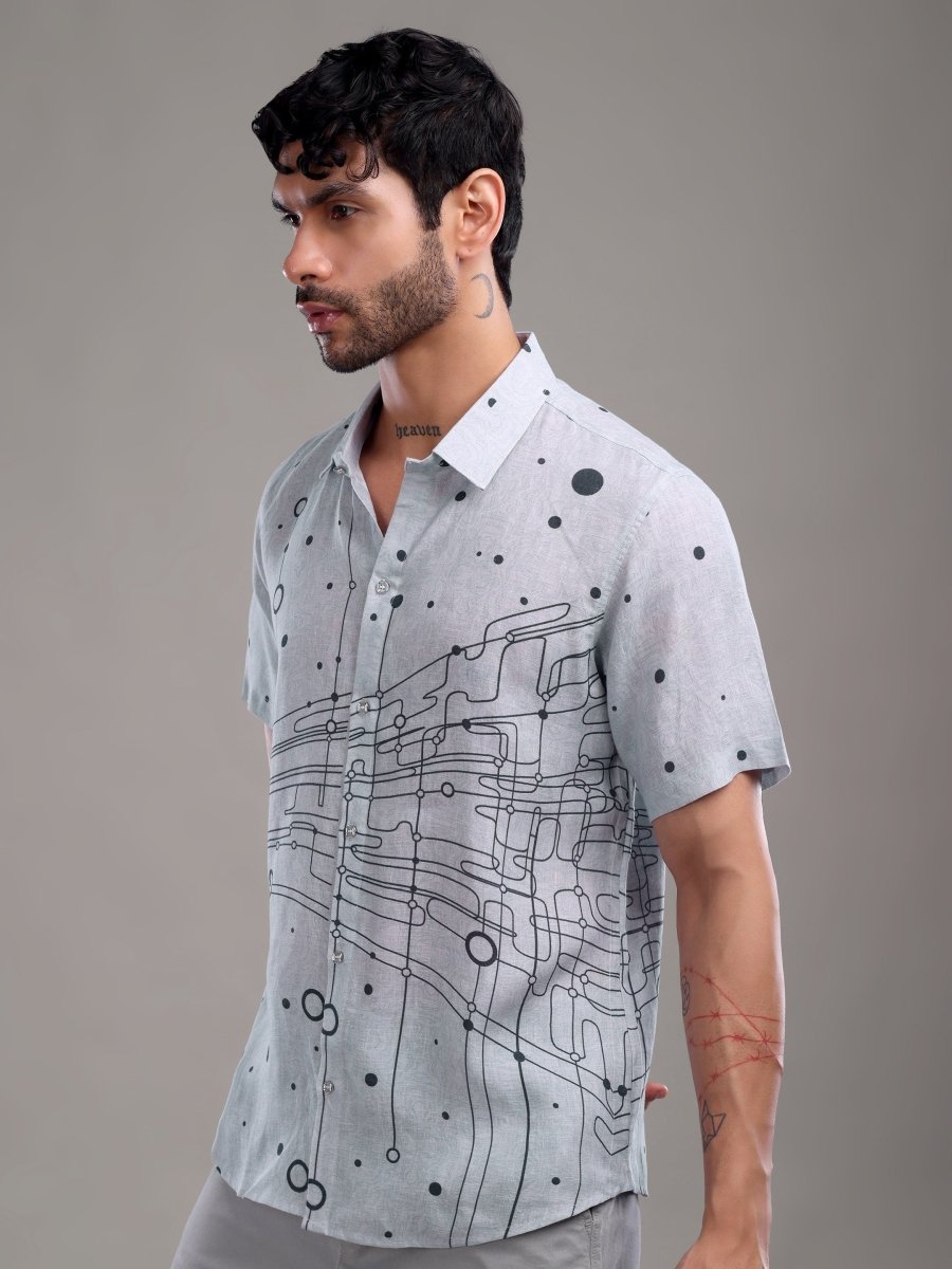 Cool Grey Abstract Dot & Circuit Print Pure Linen Shirt - CLOHI