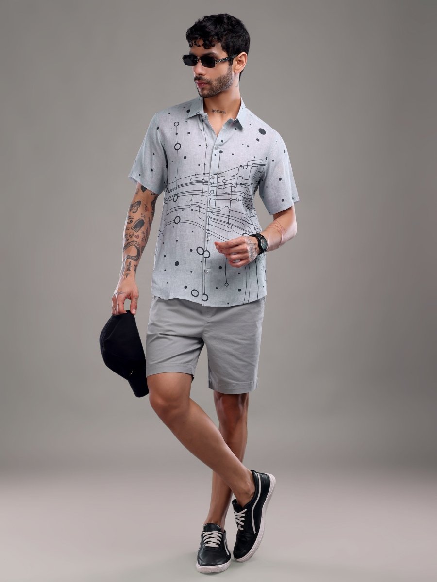 Cool Grey Abstract Dot & Circuit Print Pure Linen Shirt - CLOHI