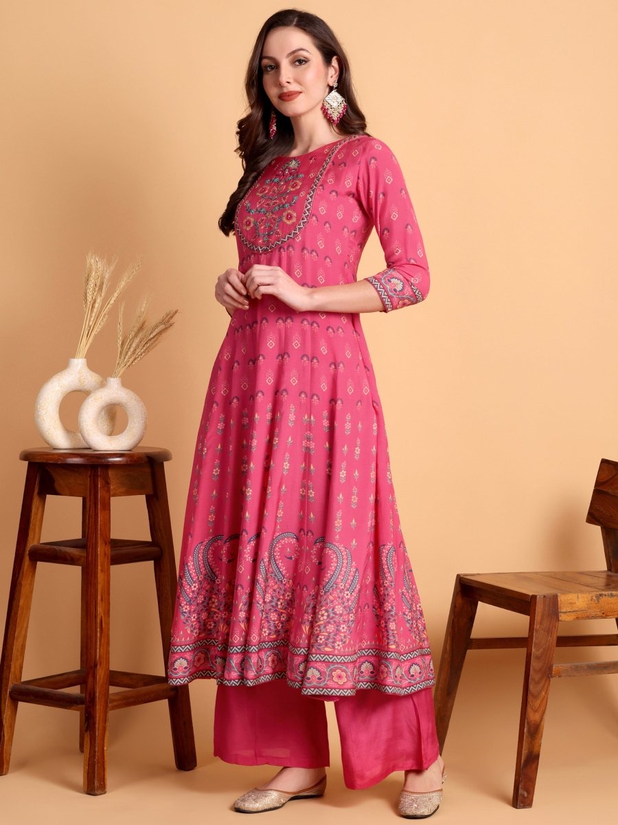 Cranberry Hand Embroidered Anarkali Kurta Set – Festive Ethnic Wear - CLOHI