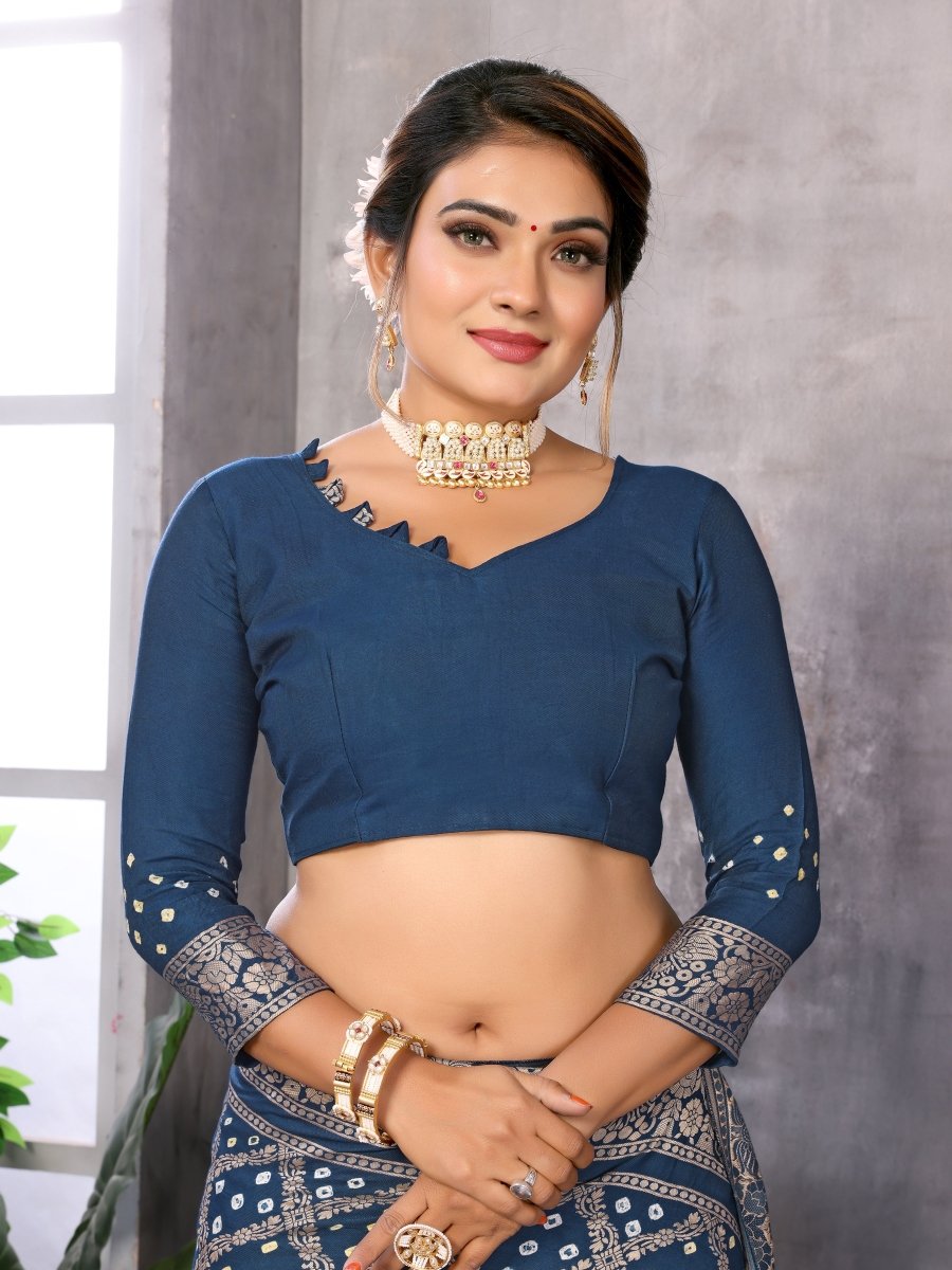 Cyan Blue Jacquard Zari Hand Bandhani Saree with Dandiya Motif - CLOHI