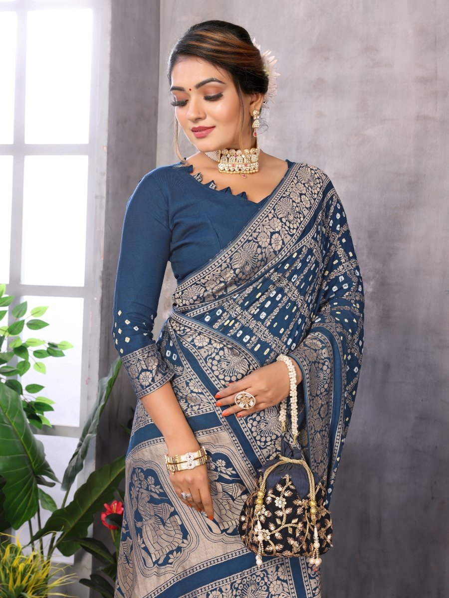 Cyan Blue Jacquard Zari Hand Bandhani Saree with Dandiya Motif - CLOHI