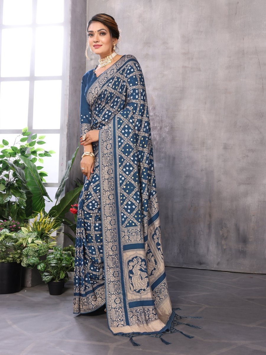 Cyan Blue Jacquard Zari Hand Bandhani Saree with Dandiya Motif - CLOHI